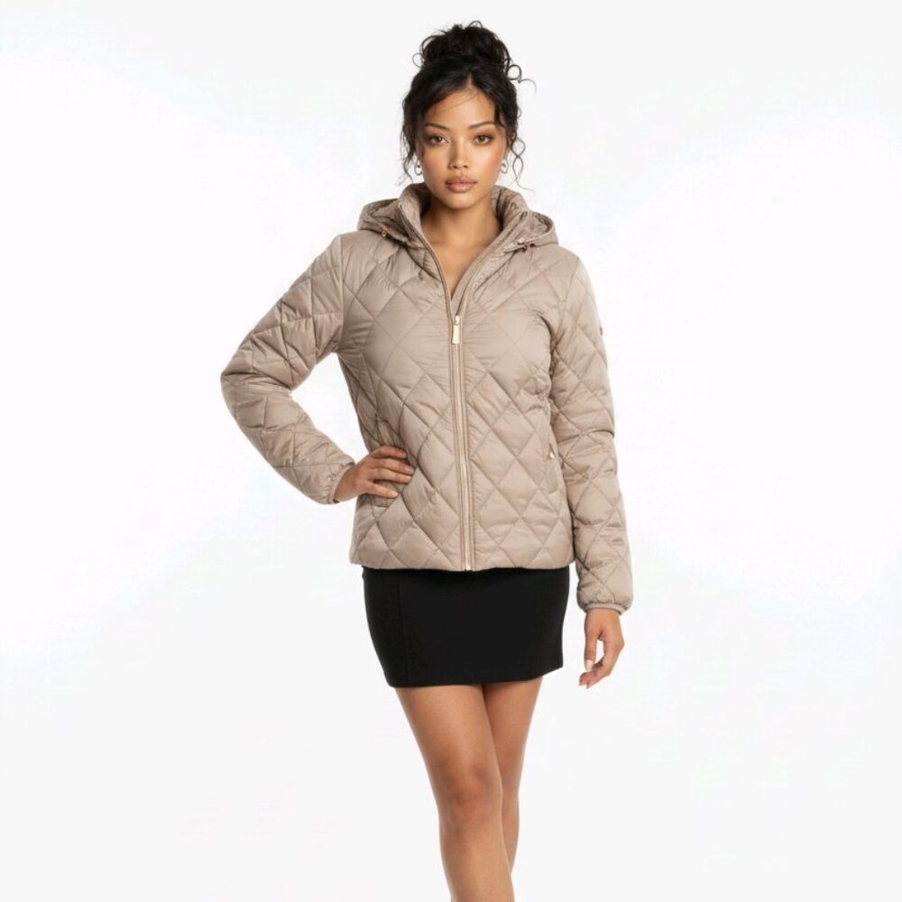 Michael Michael Kors Nissy Packable Hooded Puffer Jacket Taupe Size L NWT